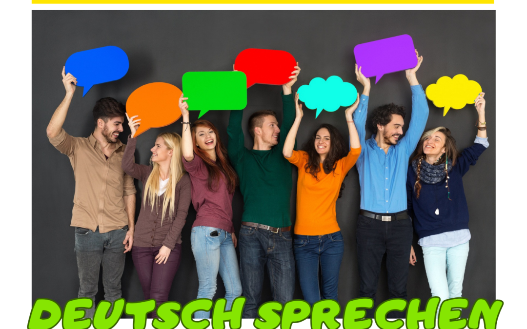 Das Bild ist ein Veranstaltungsplakat für einen Kurs "Deutsch sprechen im Alltag". Auf dem Bild ist eine Gruppe von Menschen zu sehen, die Sprechblasen über ihre Köpfe halten.