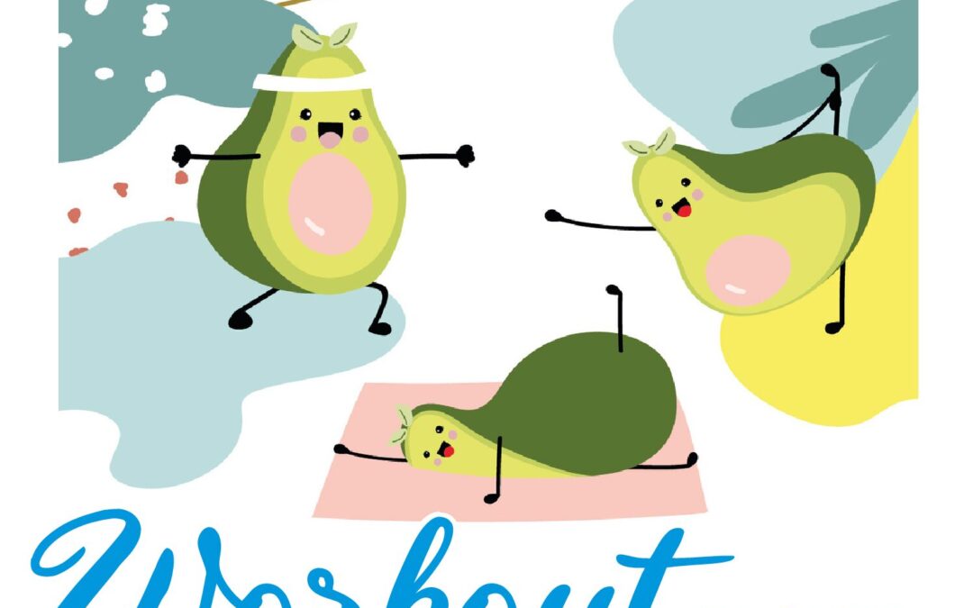 Veranstaltungsplakat Workout im Quer. Auf dem Bild machen Avocados Yoga.