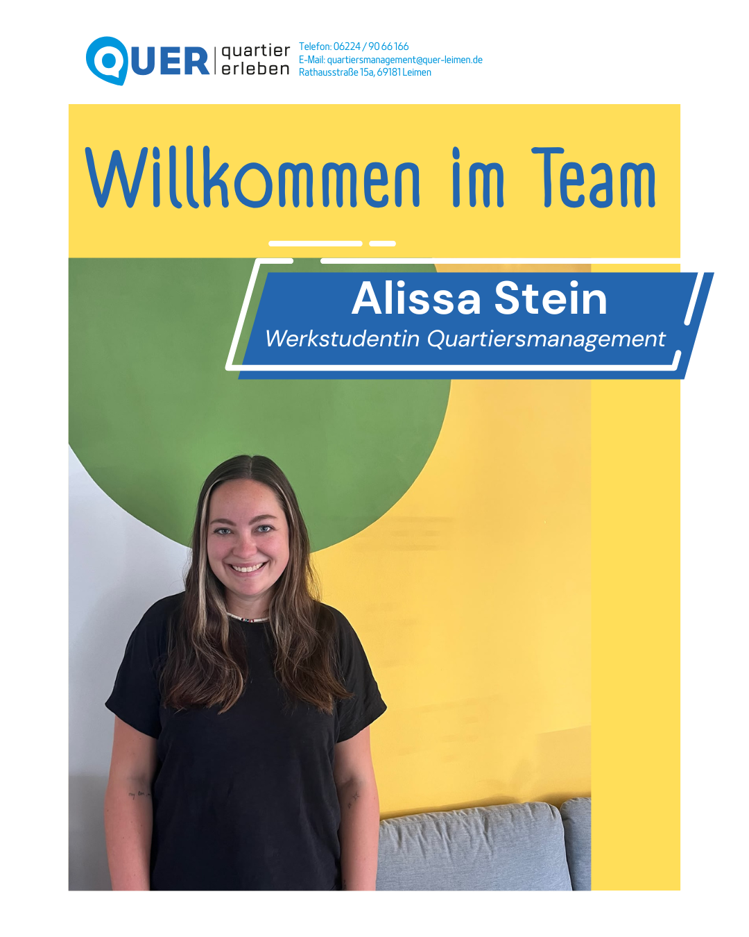 Team Vorstellung_Alissa Stein Das Bild zeigt eine junge Frau in schwarzem T-Shirt. Es trägt die Überschrift "Willkommen im Team - Alissa Stein"