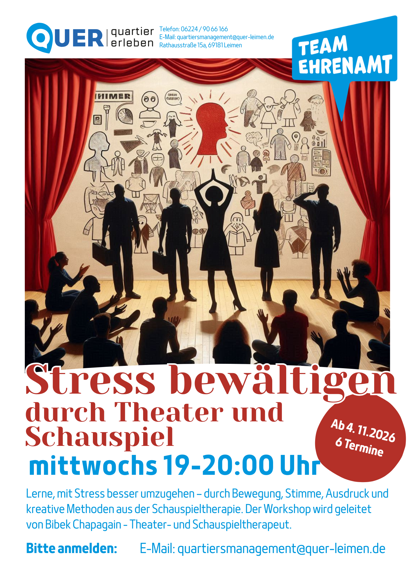 Plakat für den Workshop Stressbewältigung durch Theater und Schauspiel.
